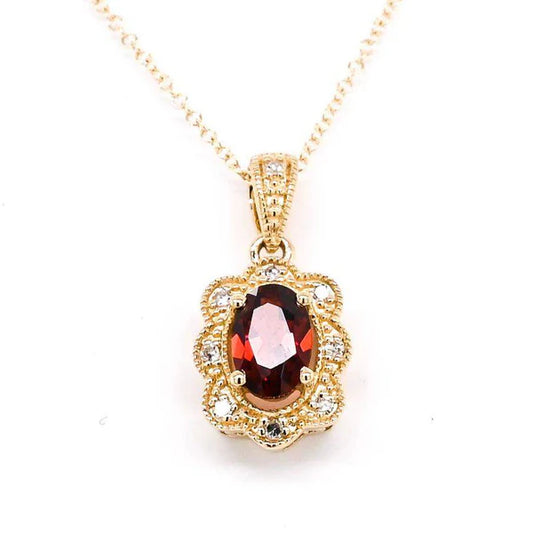 Red Garnet Birthstone Necklace with Diamond Accents in 10K Yellow Gold