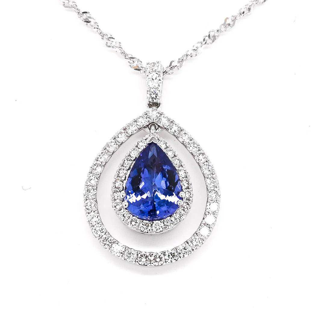 Double Halo Set Necklace with Tanzanite and Diamonds in 14K White Gold - BellemareDugasJoaillerie