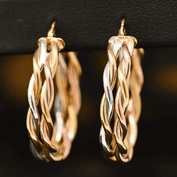 Interlaced Three Color Gold Earrings in 10k Gold - BellemareDugasJoaillerie