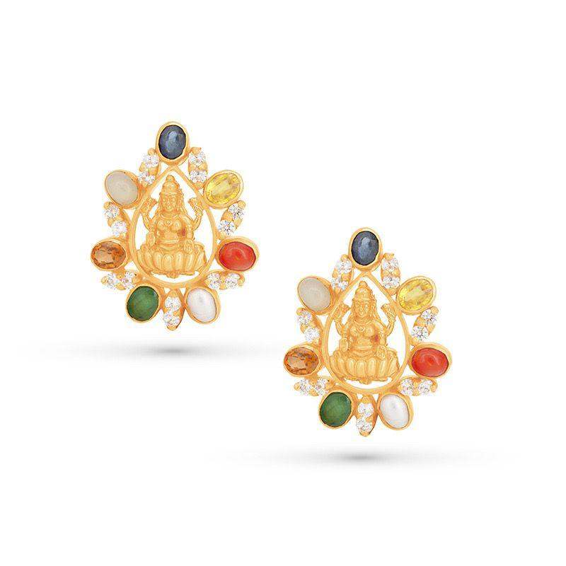 Lakshmi Navratna Stud Earrings in 22k Gold display - BellemareDugasJoaillerie